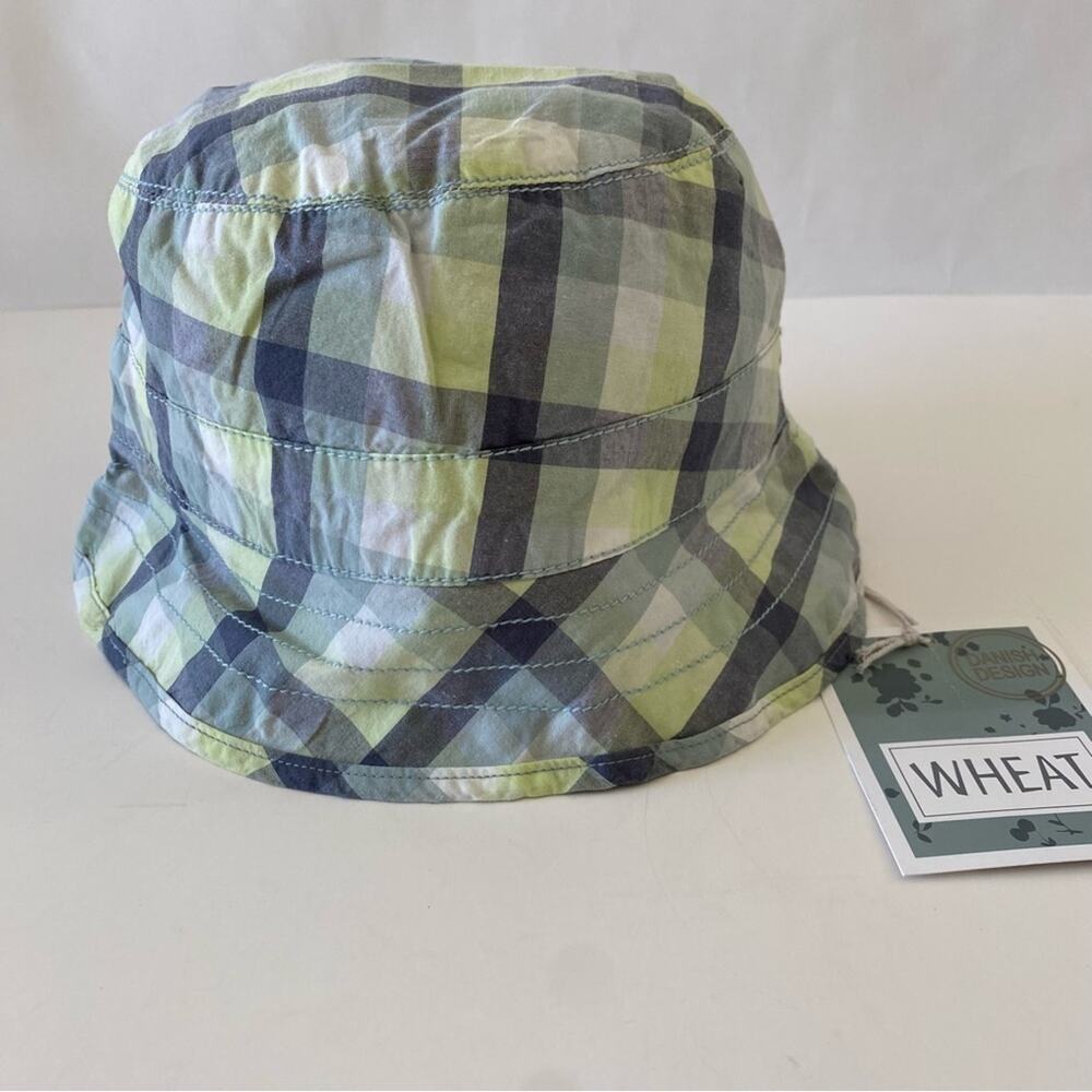NWT Wheat Danish Design 100% Cotton Plaid Kids Bucket Hat Reversible Green Sz M